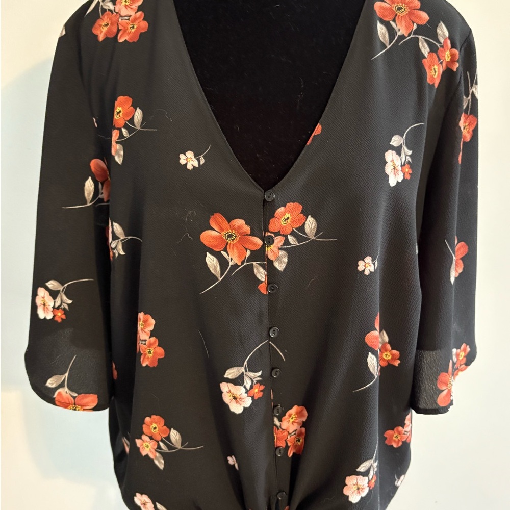 Lush Black and Orange Tie Front Blouse with V-Neck